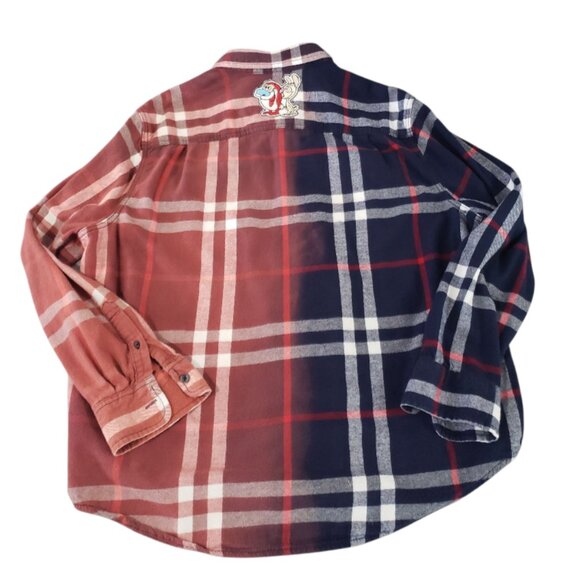 Upcycled Distressed Flannel with "Ren & Stimpy" Embroidered Patch 2XL - Picture 8 of 9